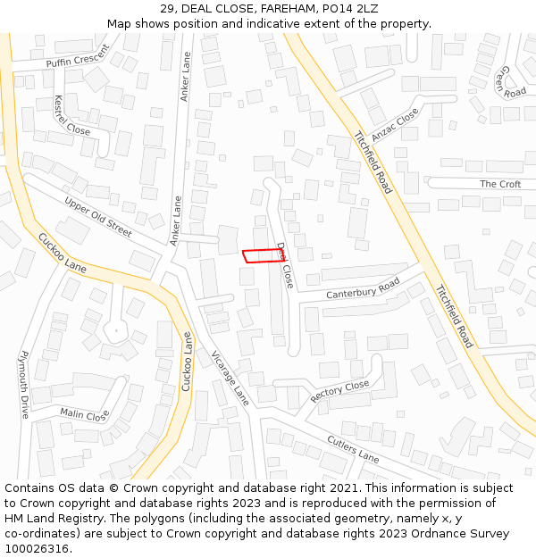 29, DEAL CLOSE, FAREHAM, PO14 2LZ: Location map and indicative extent of plot