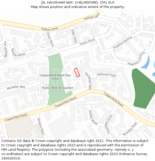 29, HAVISHAM WAY, CHELMSFORD, CM1 4UY: Location map and indicative extent of plot