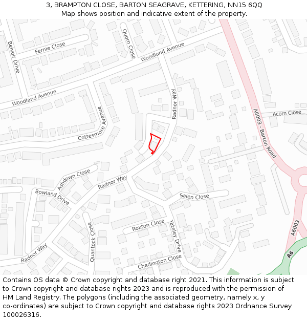 3, BRAMPTON CLOSE, BARTON SEAGRAVE, KETTERING, NN15 6QQ: Location map and indicative extent of plot