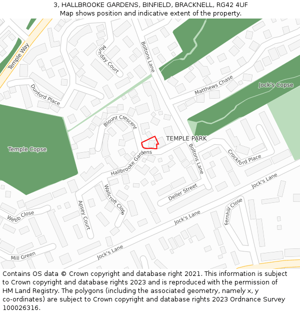 3, HALLBROOKE GARDENS, BINFIELD, BRACKNELL, RG42 4UF: Location map and indicative extent of plot