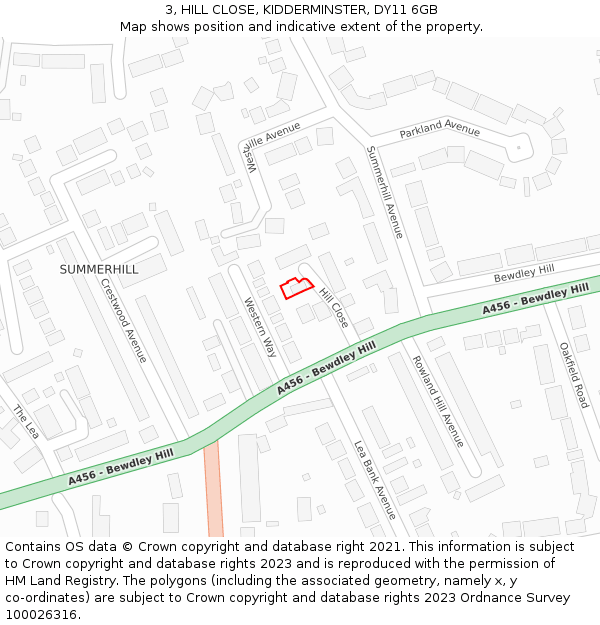 3, HILL CLOSE, KIDDERMINSTER, DY11 6GB: Location map and indicative extent of plot