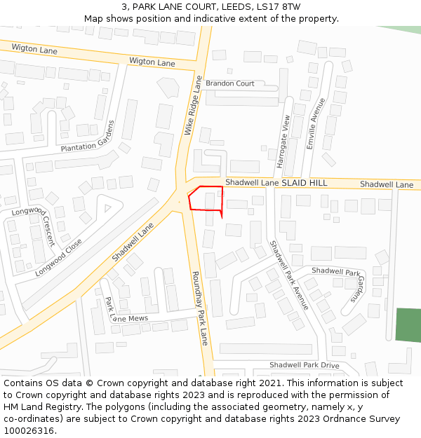 3, PARK LANE COURT, LEEDS, LS17 8TW: Location map and indicative extent of plot