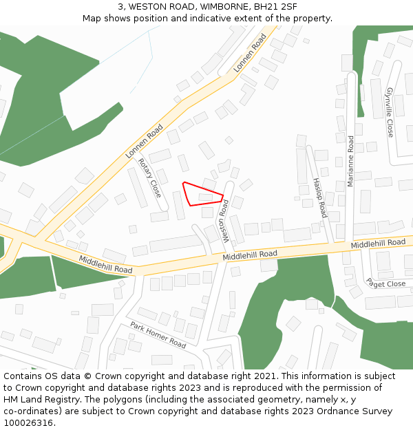 3, WESTON ROAD, WIMBORNE, BH21 2SF: Location map and indicative extent of plot