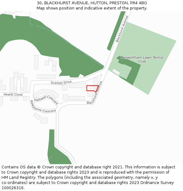 30, BLACKHURST AVENUE, HUTTON, PRESTON, PR4 4BG: Location map and indicative extent of plot