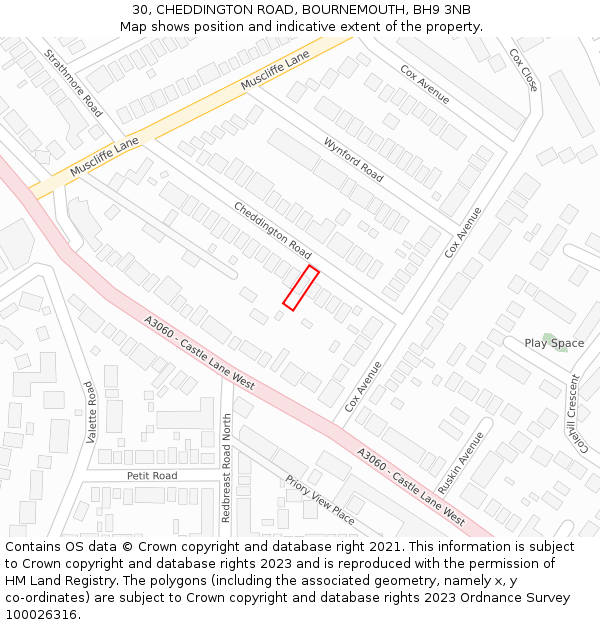 30, CHEDDINGTON ROAD, BOURNEMOUTH, BH9 3NB: Location map and indicative extent of plot