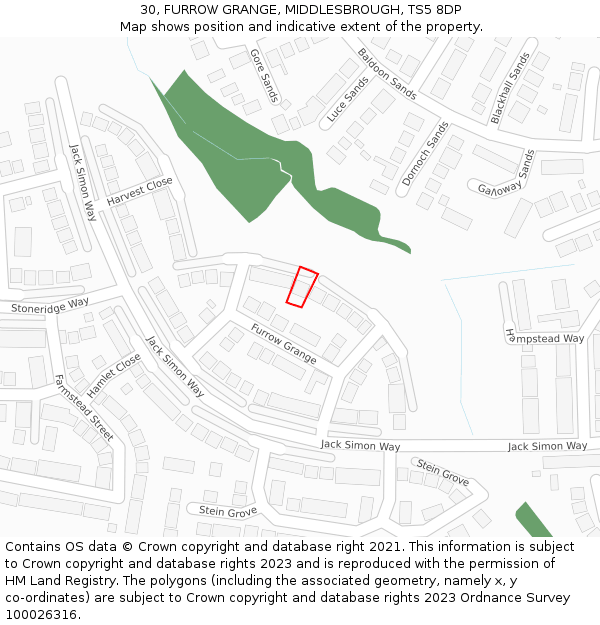 30, FURROW GRANGE, MIDDLESBROUGH, TS5 8DP: Location map and indicative extent of plot
