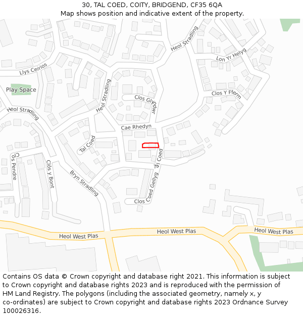 30, TAL COED, COITY, BRIDGEND, CF35 6QA: Location map and indicative extent of plot