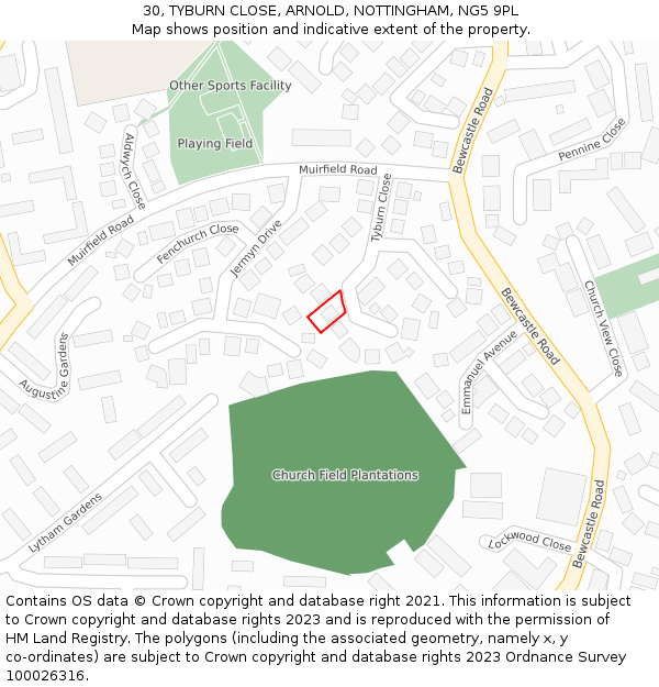 30, TYBURN CLOSE, ARNOLD, NOTTINGHAM, NG5 9PL: Location map and indicative extent of plot