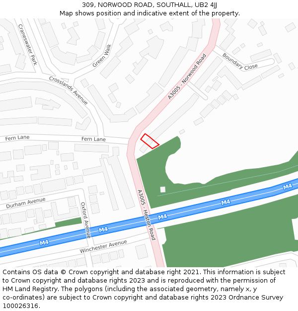 309, NORWOOD ROAD, SOUTHALL, UB2 4JJ: Location map and indicative extent of plot