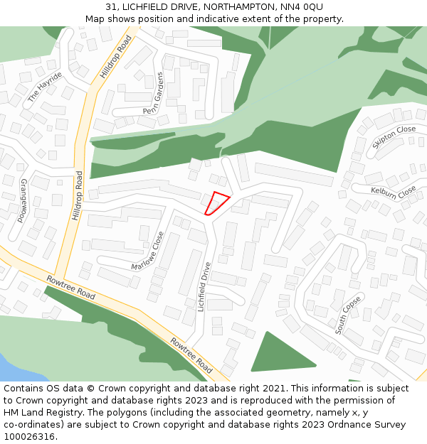 31, LICHFIELD DRIVE, NORTHAMPTON, NN4 0QU: Location map and indicative extent of plot
