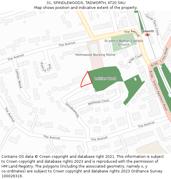 31, SPINDLEWOODS, TADWORTH, KT20 5AU: Location map and indicative extent of plot