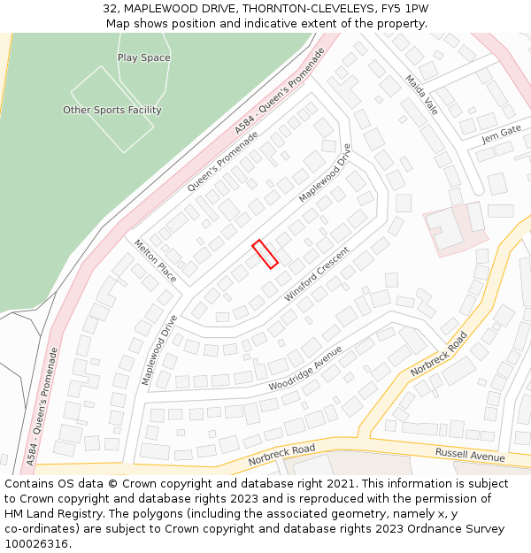 32, MAPLEWOOD DRIVE, THORNTON-CLEVELEYS, FY5 1PW: Location map and indicative extent of plot