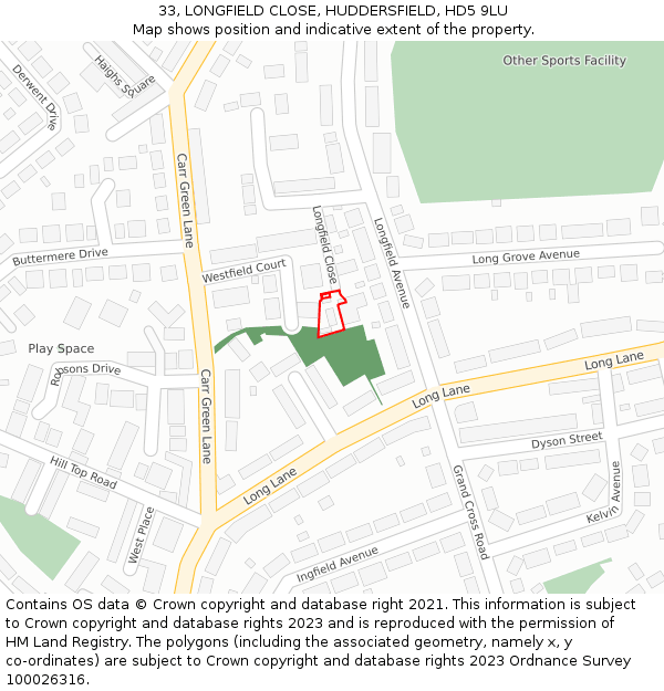 33, LONGFIELD CLOSE, HUDDERSFIELD, HD5 9LU: Location map and indicative extent of plot