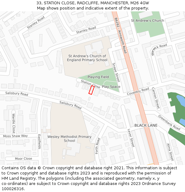 33, STATION CLOSE, RADCLIFFE, MANCHESTER, M26 4GW: Location map and indicative extent of plot