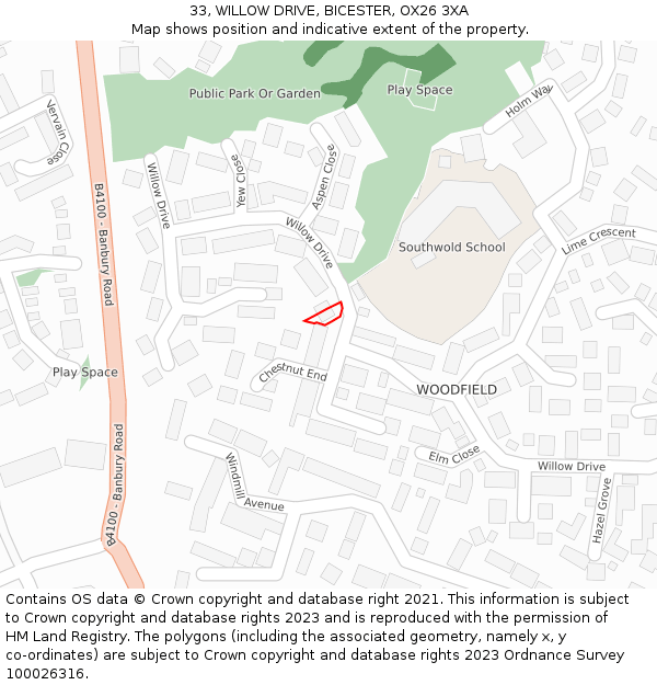 33, WILLOW DRIVE, BICESTER, OX26 3XA: Location map and indicative extent of plot