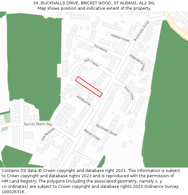 34, BUCKNALLS DRIVE, BRICKET WOOD, ST ALBANS, AL2 3XL: Location map and indicative extent of plot