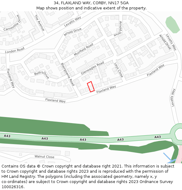 34, FLAXLAND WAY, CORBY, NN17 5GA: Location map and indicative extent of plot