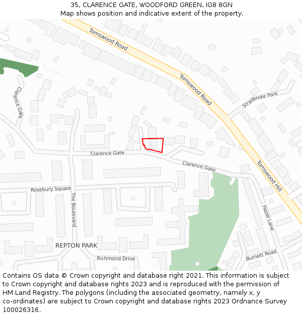 35, CLARENCE GATE, WOODFORD GREEN, IG8 8GN: Location map and indicative extent of plot