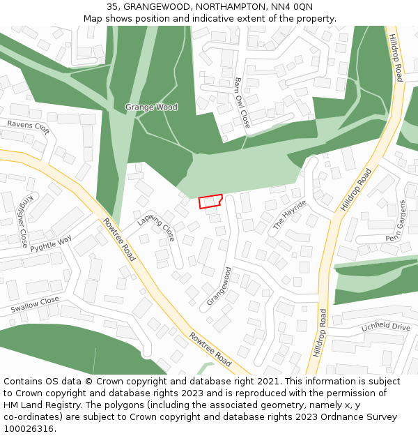 35, GRANGEWOOD, NORTHAMPTON, NN4 0QN: Location map and indicative extent of plot