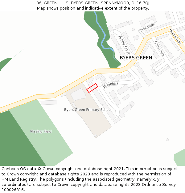 36, GREENHILLS, BYERS GREEN, SPENNYMOOR, DL16 7QJ: Location map and indicative extent of plot