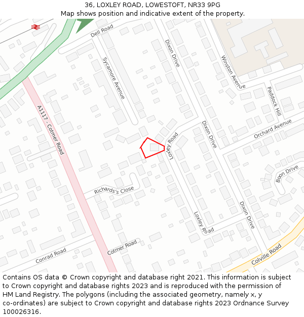 36, LOXLEY ROAD, LOWESTOFT, NR33 9PG: Location map and indicative extent of plot