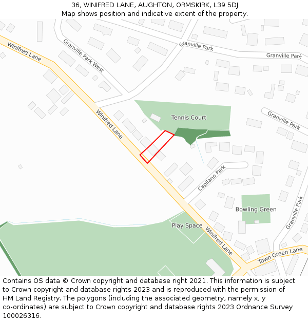 36, WINIFRED LANE, AUGHTON, ORMSKIRK, L39 5DJ: Location map and indicative extent of plot