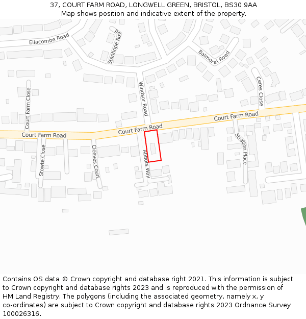 37, COURT FARM ROAD, LONGWELL GREEN, BRISTOL, BS30 9AA: Location map and indicative extent of plot