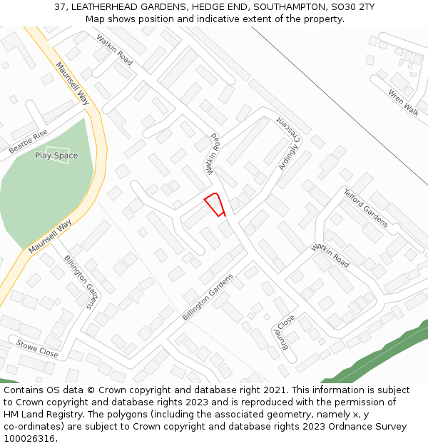 37, LEATHERHEAD GARDENS, HEDGE END, SOUTHAMPTON, SO30 2TY: Location map and indicative extent of plot