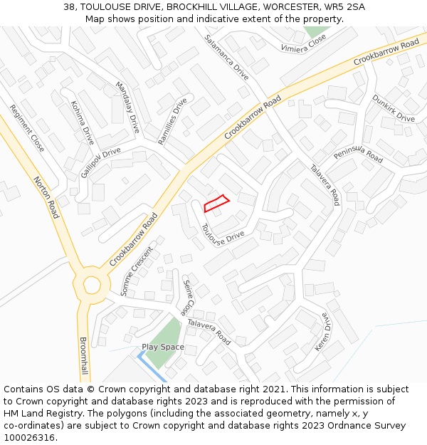 38, TOULOUSE DRIVE, BROCKHILL VILLAGE, WORCESTER, WR5 2SA: Location map and indicative extent of plot