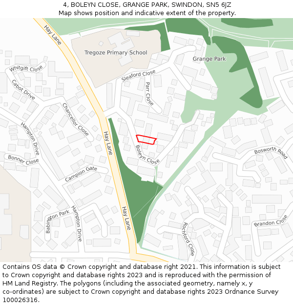 4, BOLEYN CLOSE, GRANGE PARK, SWINDON, SN5 6JZ: Location map and indicative extent of plot