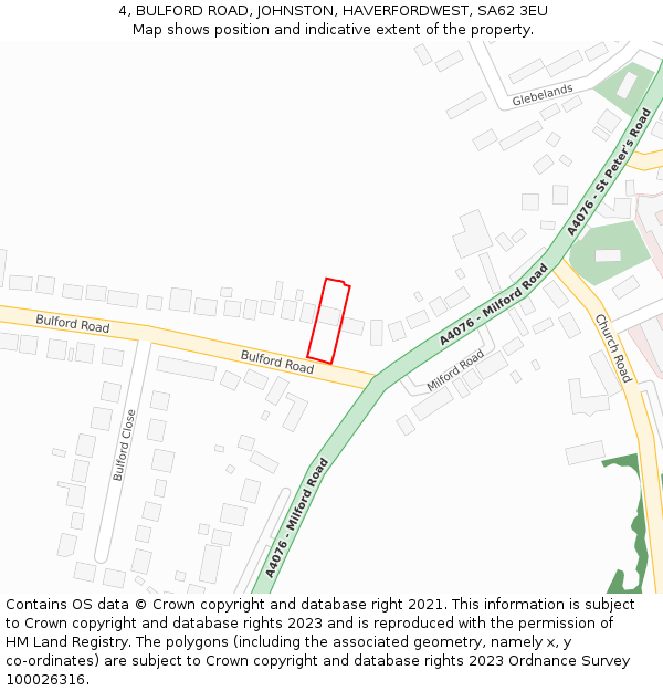 4, BULFORD ROAD, JOHNSTON, HAVERFORDWEST, SA62 3EU: Location map and indicative extent of plot