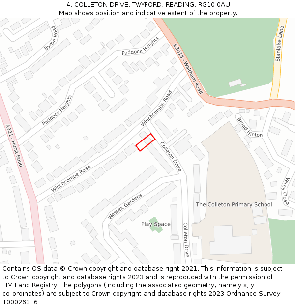 4, COLLETON DRIVE, TWYFORD, READING, RG10 0AU: Location map and indicative extent of plot