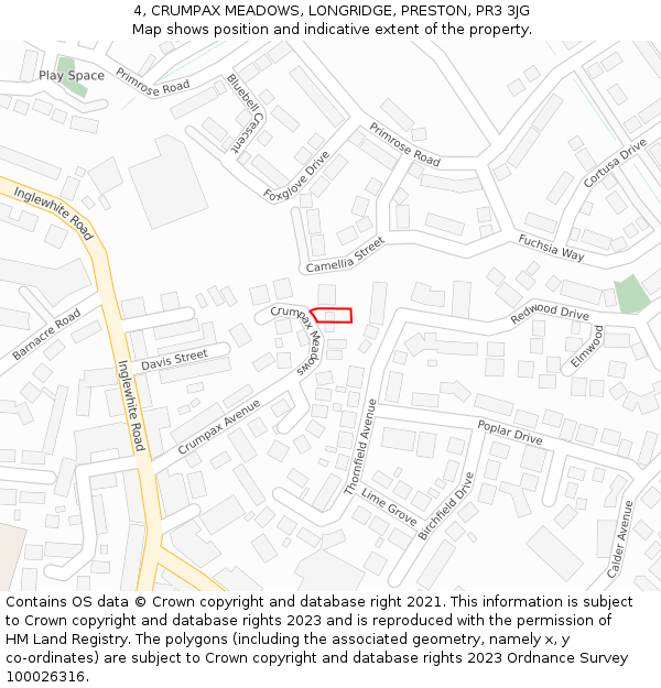 4, CRUMPAX MEADOWS, LONGRIDGE, PRESTON, PR3 3JG: Location map and indicative extent of plot
