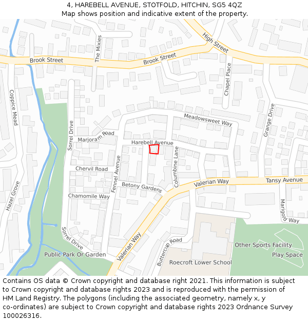 4, HAREBELL AVENUE, STOTFOLD, HITCHIN, SG5 4QZ: Location map and indicative extent of plot
