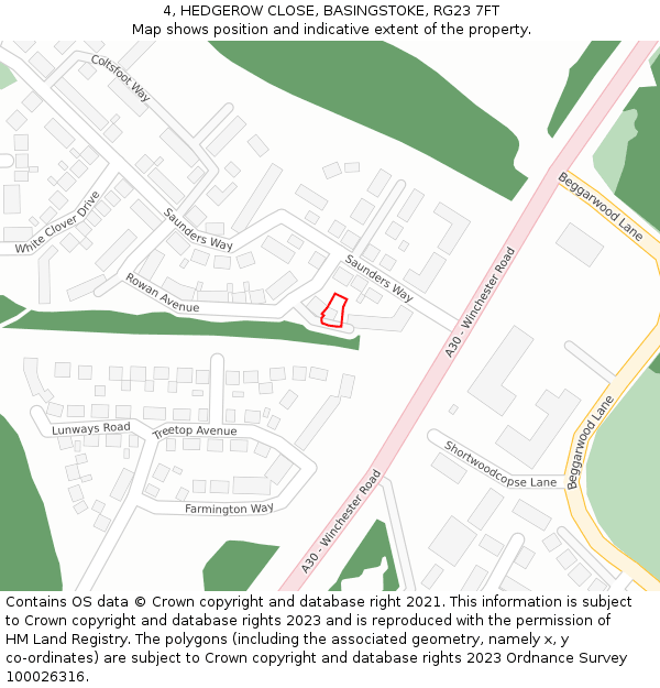 4, HEDGEROW CLOSE, BASINGSTOKE, RG23 7FT: Location map and indicative extent of plot