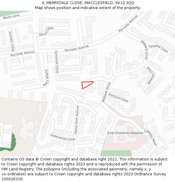 4, MERRYDALE CLOSE, MACCLESFIELD, SK10 3QQ: Location map and indicative extent of plot