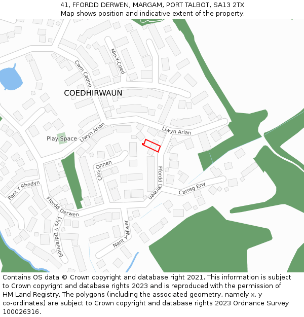 41, FFORDD DERWEN, MARGAM, PORT TALBOT, SA13 2TX: Location map and indicative extent of plot