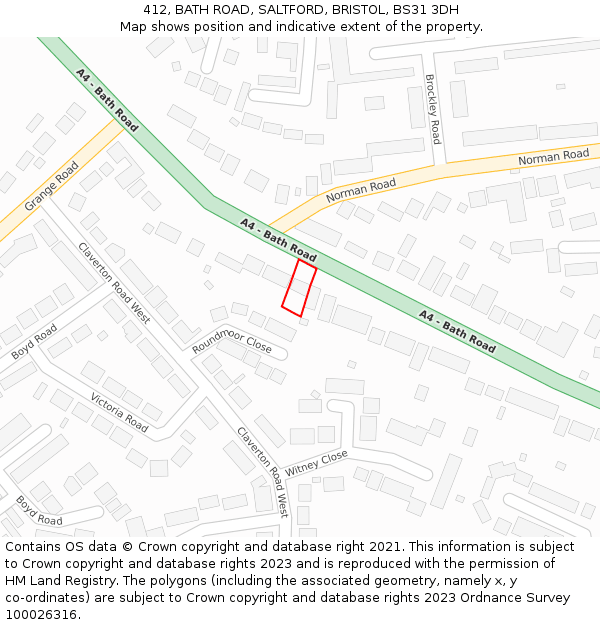 412, BATH ROAD, SALTFORD, BRISTOL, BS31 3DH: Location map and indicative extent of plot