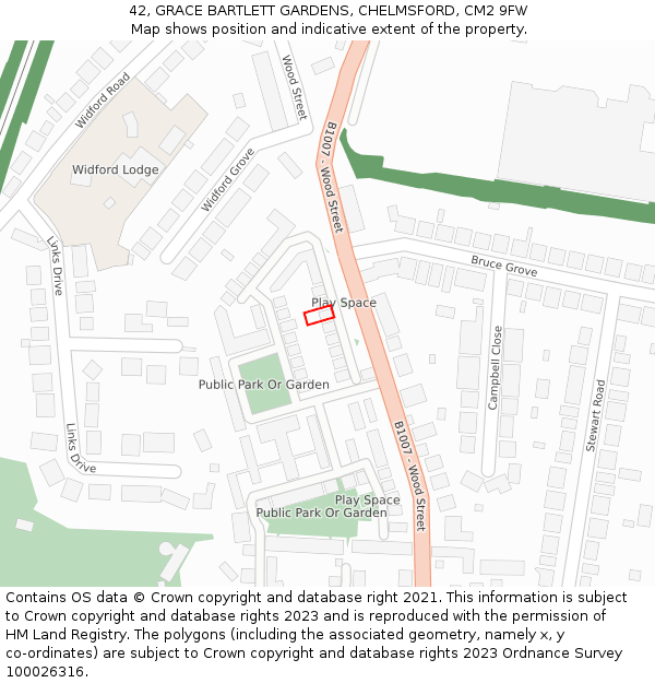 42, GRACE BARTLETT GARDENS, CHELMSFORD, CM2 9FW: Location map and indicative extent of plot