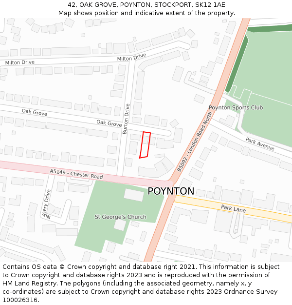 42, OAK GROVE, POYNTON, STOCKPORT, SK12 1AE: Location map and indicative extent of plot