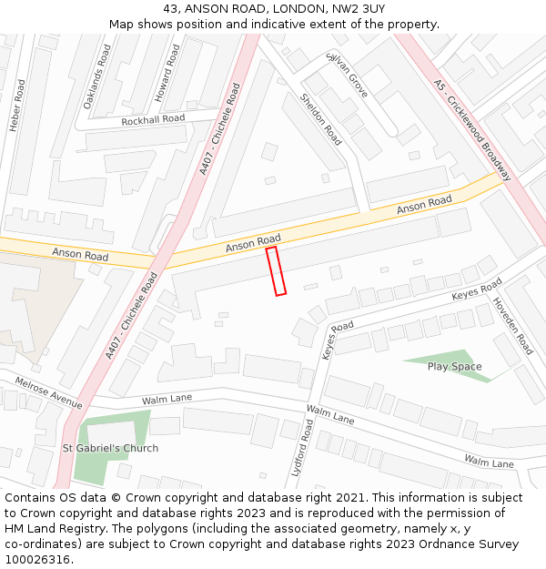 43, ANSON ROAD, LONDON, NW2 3UY: Location map and indicative extent of plot