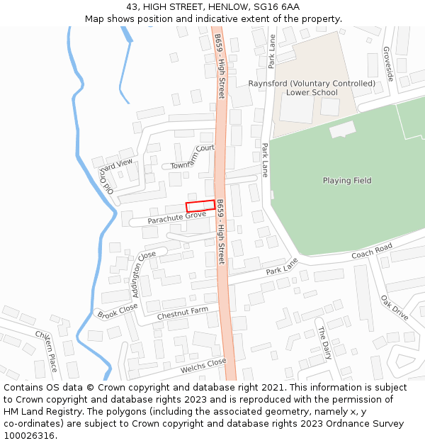 43, HIGH STREET, HENLOW, SG16 6AA: Location map and indicative extent of plot