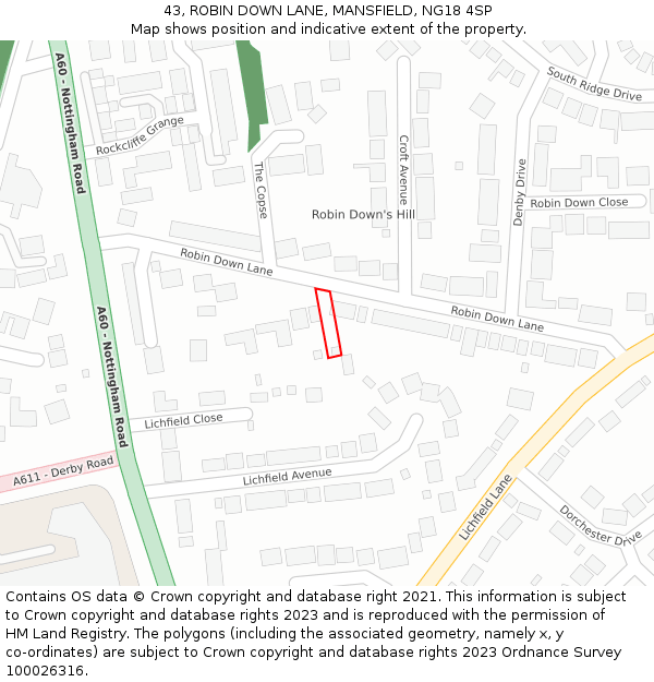 43, ROBIN DOWN LANE, MANSFIELD, NG18 4SP: Location map and indicative extent of plot