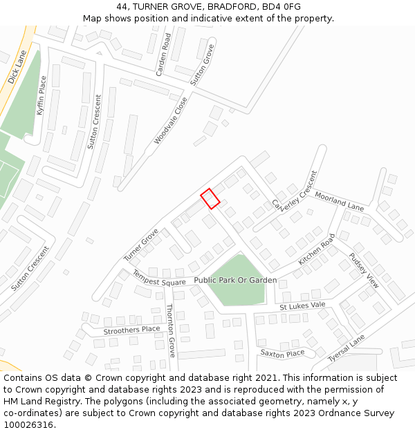 44, TURNER GROVE, BRADFORD, BD4 0FG: Location map and indicative extent of plot