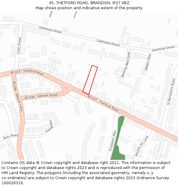 45, THETFORD ROAD, BRANDON, IP27 0BZ: Location map and indicative extent of plot