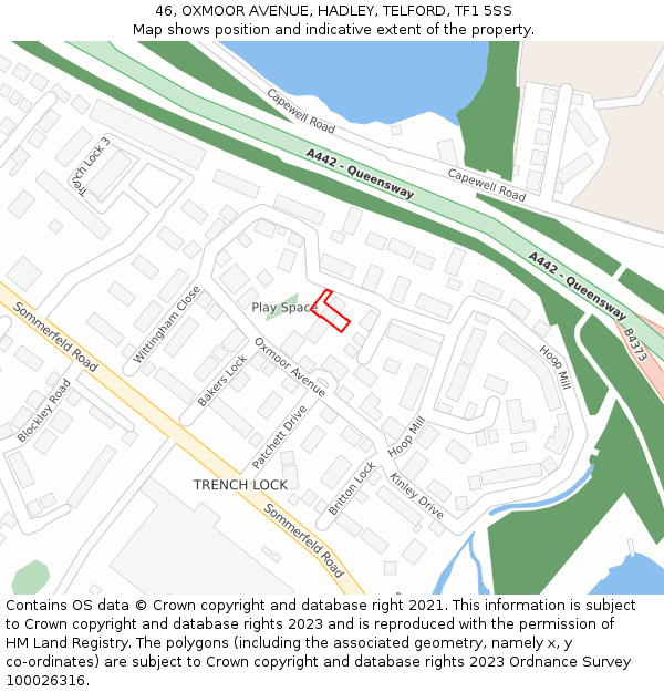 46, OXMOOR AVENUE, HADLEY, TELFORD, TF1 5SS: Location map and indicative extent of plot