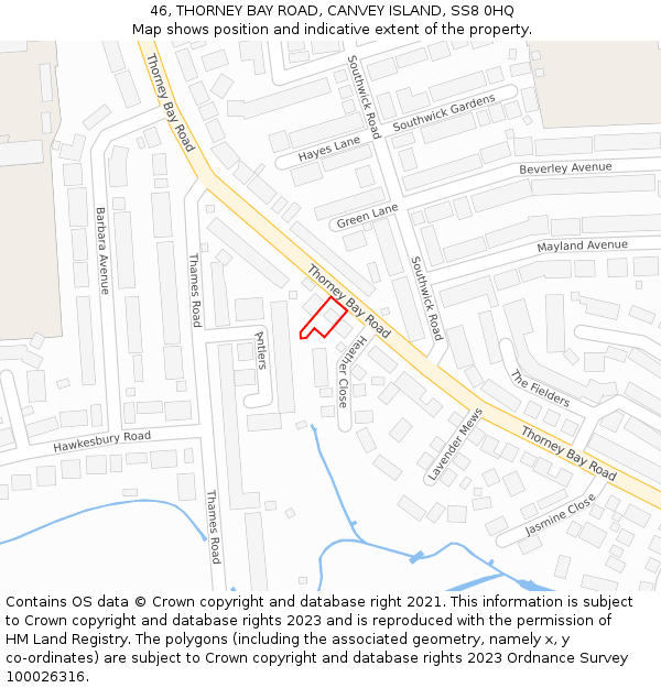 46, THORNEY BAY ROAD, CANVEY ISLAND, SS8 0HQ: Location map and indicative extent of plot