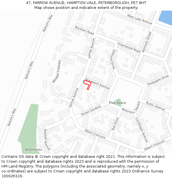47, FARROW AVENUE, HAMPTON VALE, PETERBOROUGH, PE7 8HT: Location map and indicative extent of plot