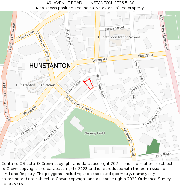 49, AVENUE ROAD, HUNSTANTON, PE36 5HW: Location map and indicative extent of plot