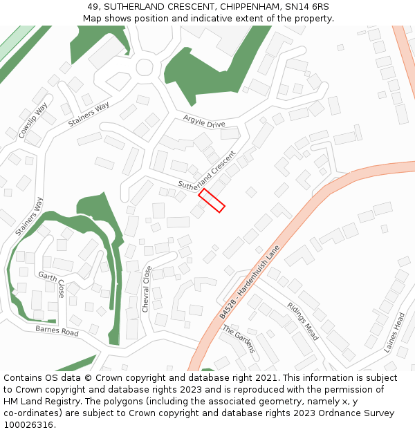 49, SUTHERLAND CRESCENT, CHIPPENHAM, SN14 6RS: Location map and indicative extent of plot